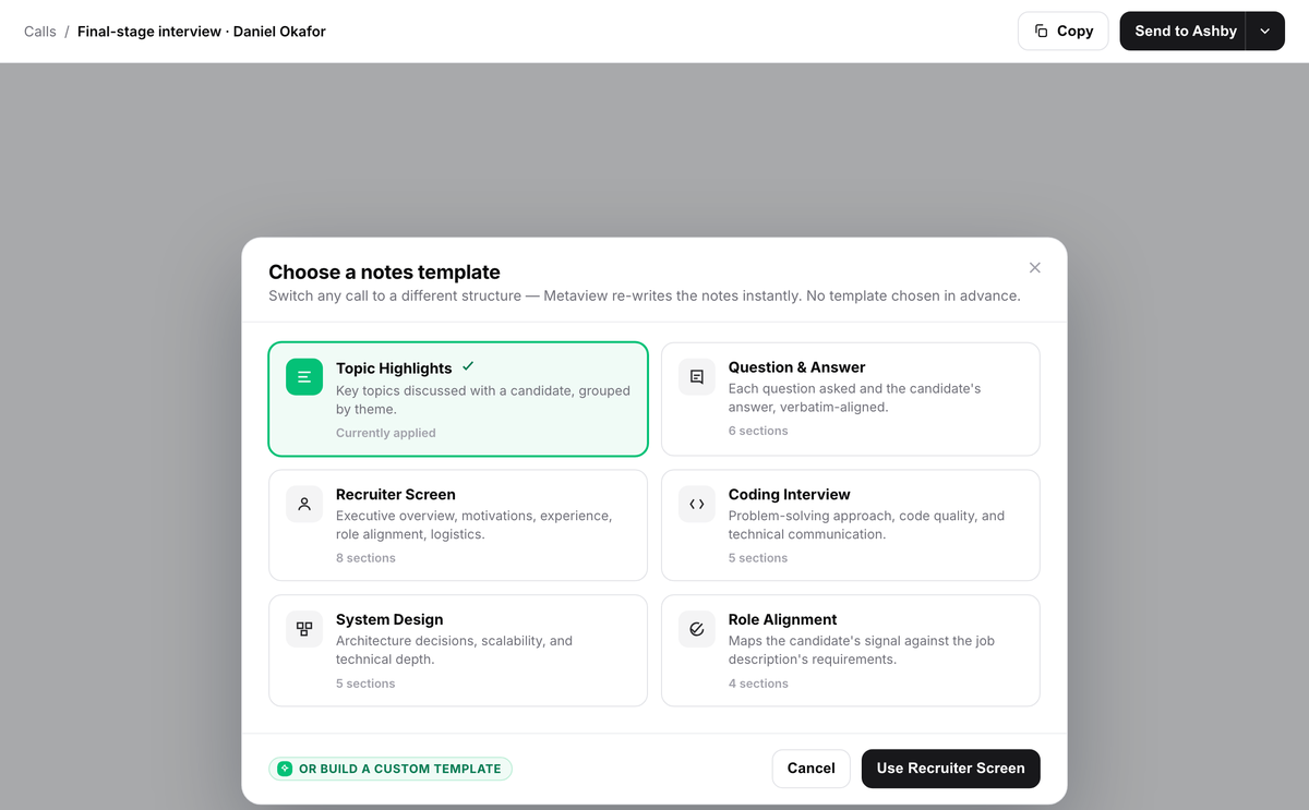 Metaview notes template picker showing Topic Highlights applied and five additional structures