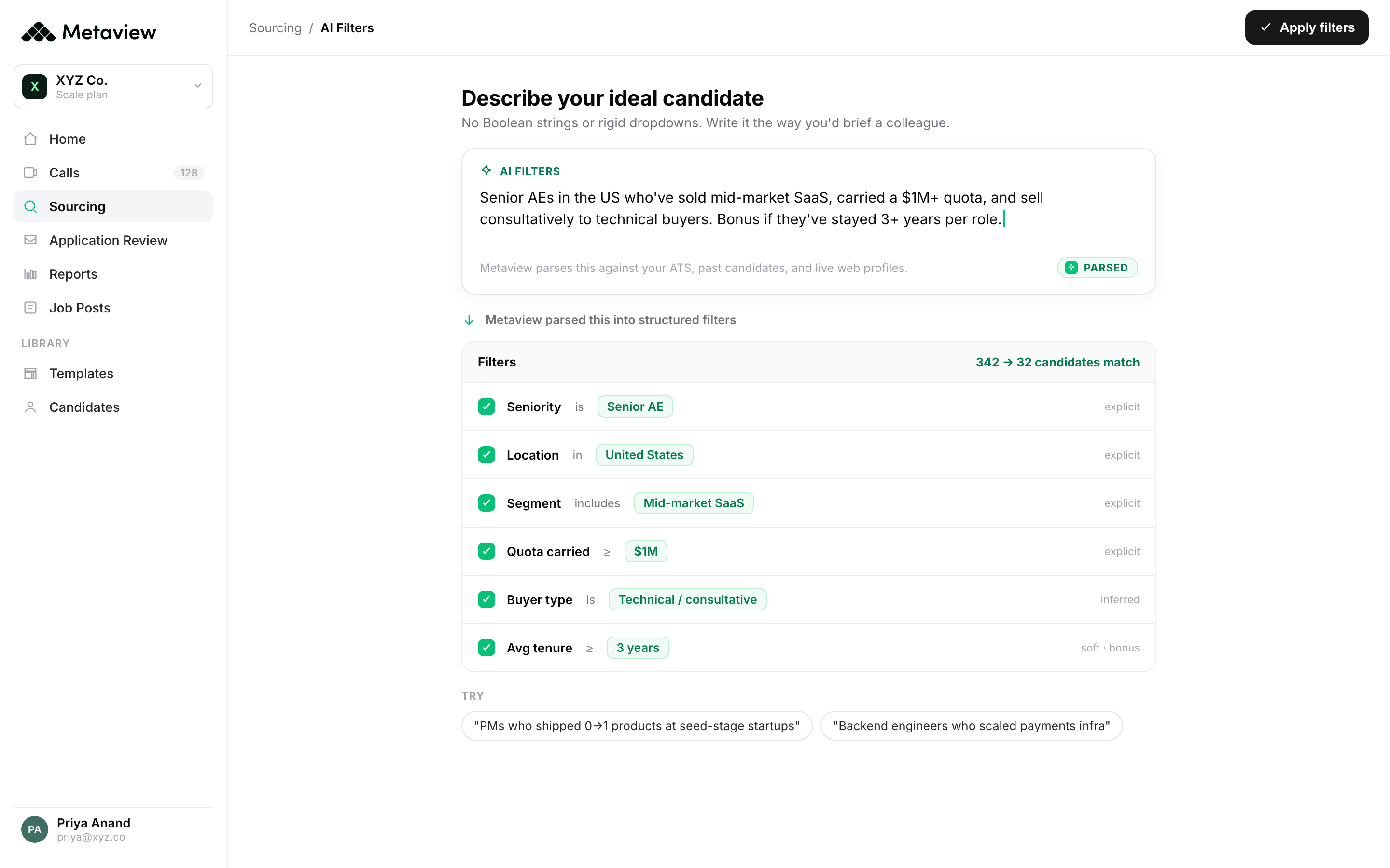 Describing a role in plain language inside Metaview's sourcing agent