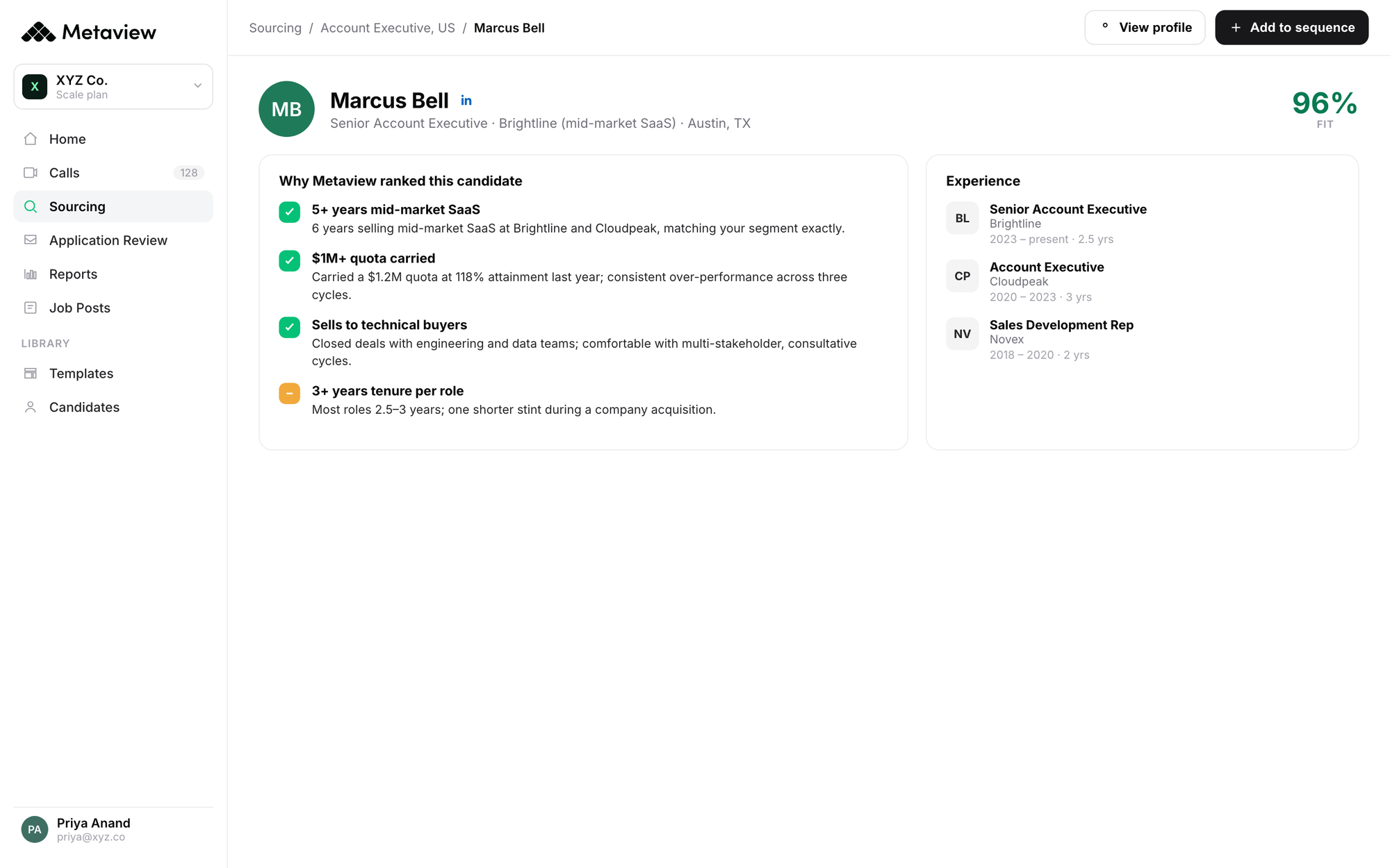 Metaview sourcing agent showing why a candidate fits the brief
