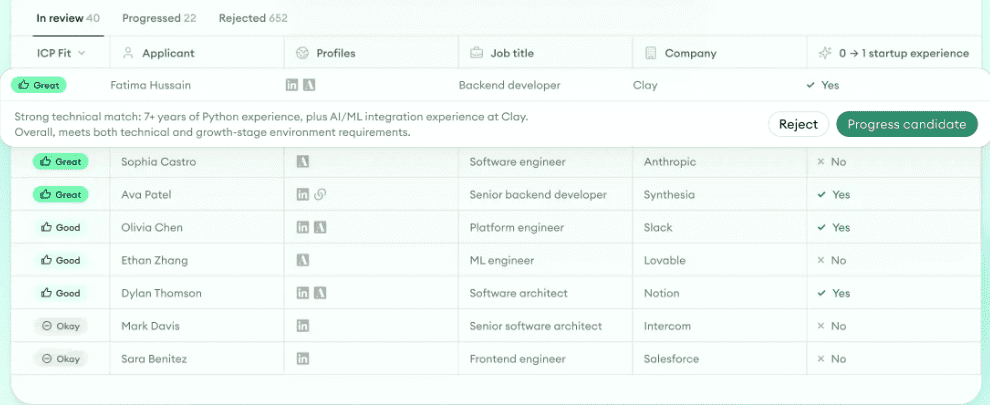 An Application Review list sorted into fit buckets, with one application opened to its reasoning and the recruiter’s own “Reject” and “Progress candidate” buttons
