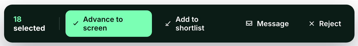 The Metaview Application Review action bar with 18 applications selected and actions to advance to screen, add to shortlist, message, or reject