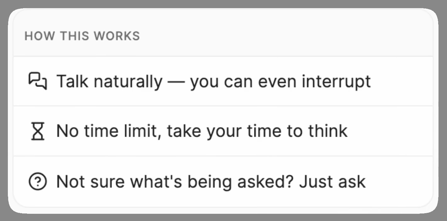 The panel candidates see before a Metaview Screening call, telling them they can interrupt, take their time, and ask about a question