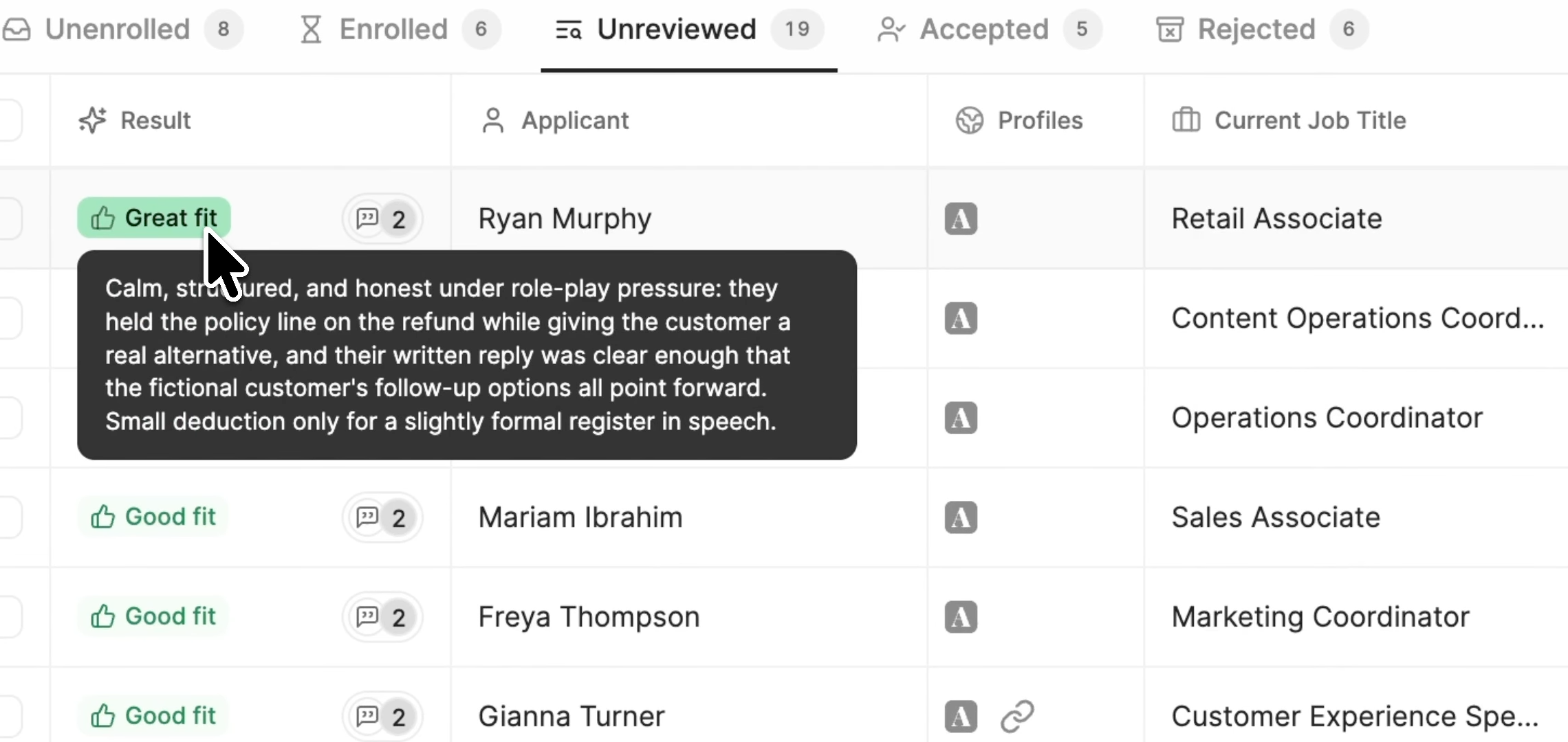 The Metaview Screening candidates list, with the written reason behind a Great fit rating shown on hover