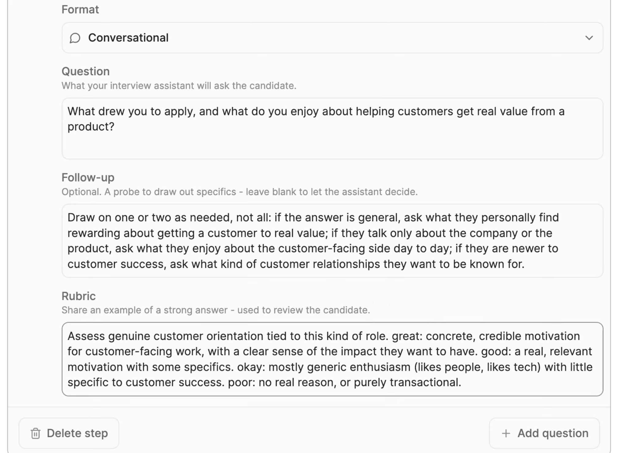 The Metaview Screening question editor, showing a conversational question, an optional follow-up instruction, and a rubric that describes great, good, okay, and poor answers