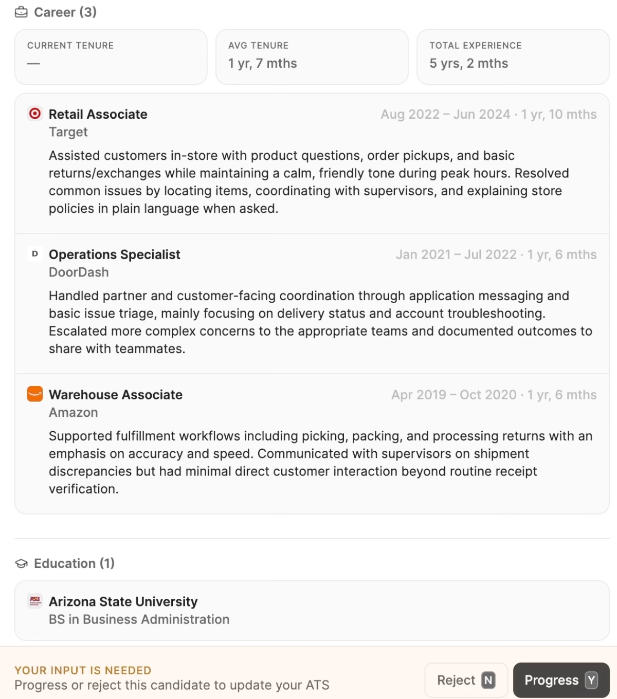 A candidate profile in Metaview Screening showing career history, with a bar at the bottom asking the recruiter to progress or reject the candidate
