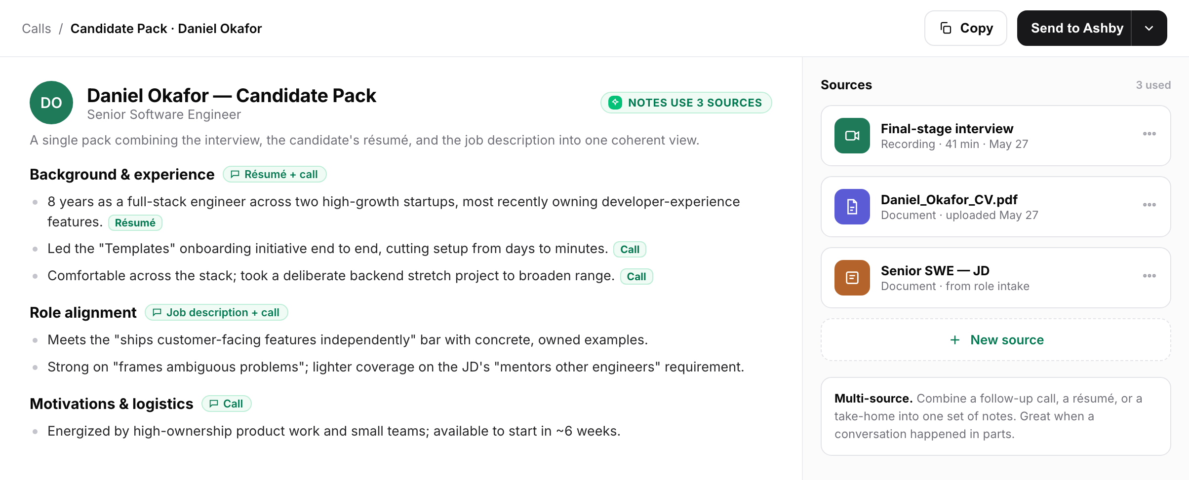 Metaview notes combining an interview, a resume, and a job description, with each section tagged by the source it came from. No rating is shown.