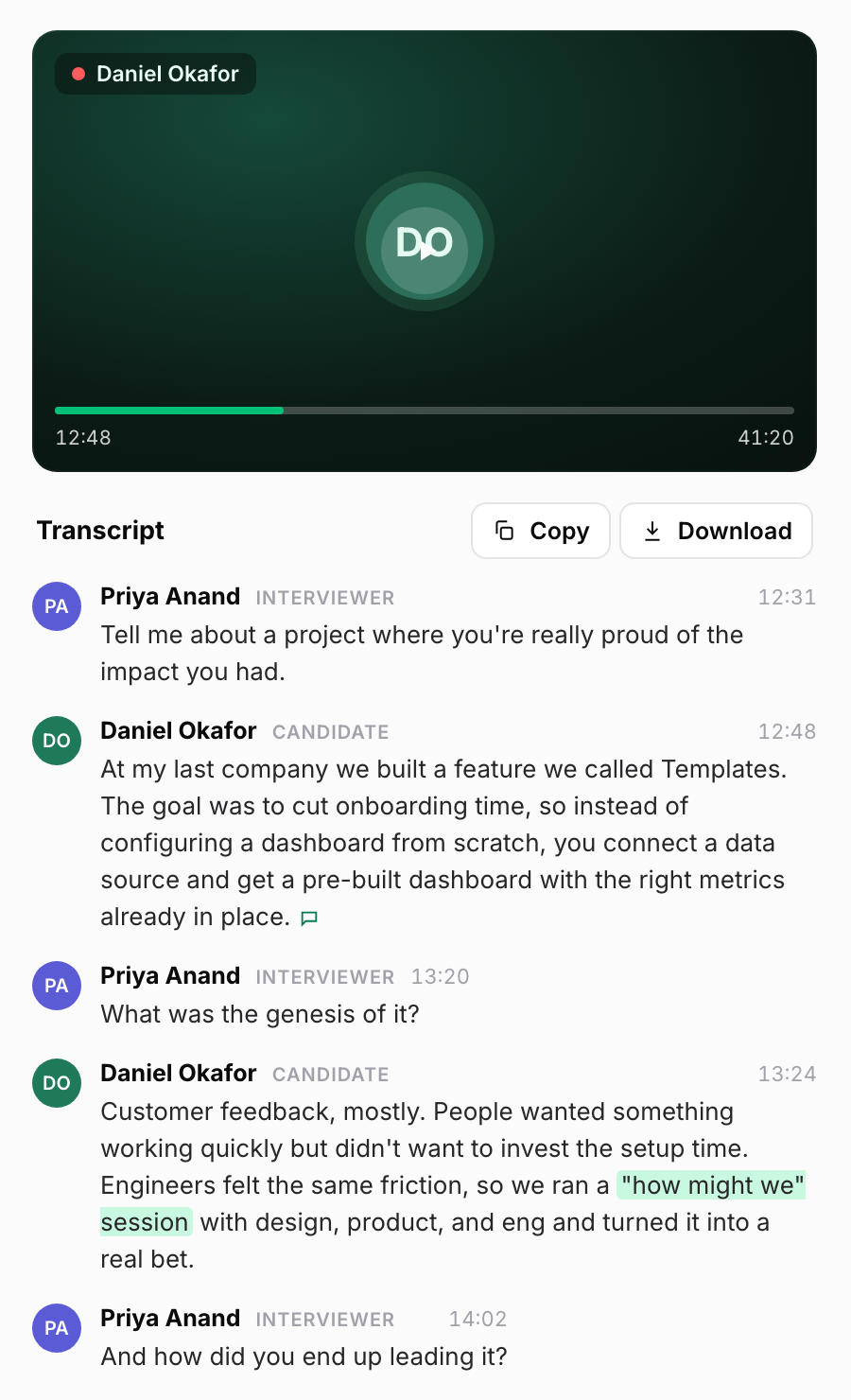 Metaview Notetaker view of a recorded sample interview: the video player above a transcript in which the interviewer asks an opening question and two follow-up questions between the candidate’s answers