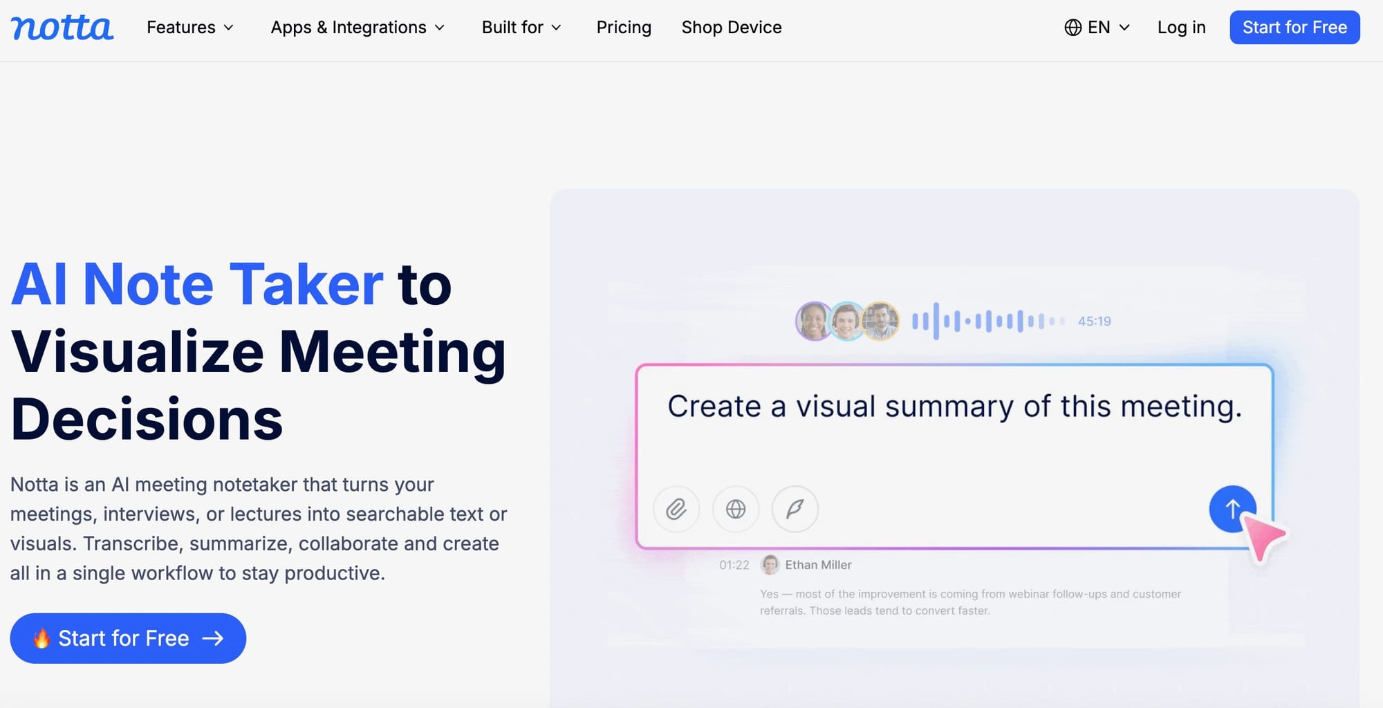 Notta homepage with mockup of interface.