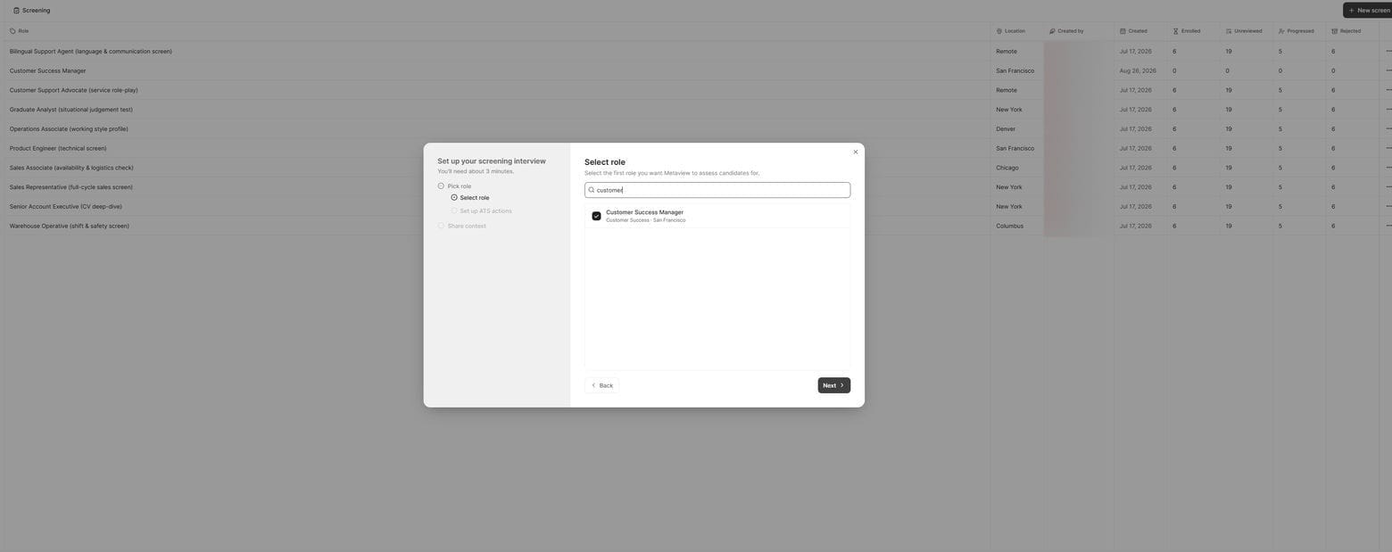 Screening setup dialog with Customer Success Manager selected from a workspace role list.