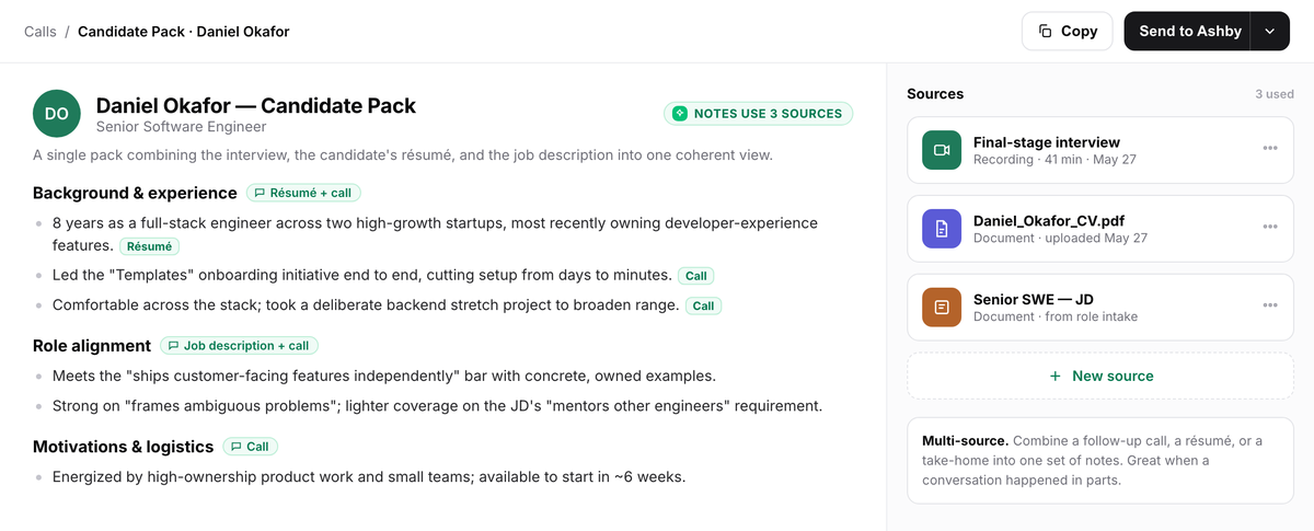 Multi-source notes for a candidate, with three attached sources and tags showing whether each claim came from the resume, call, or job description plus call.