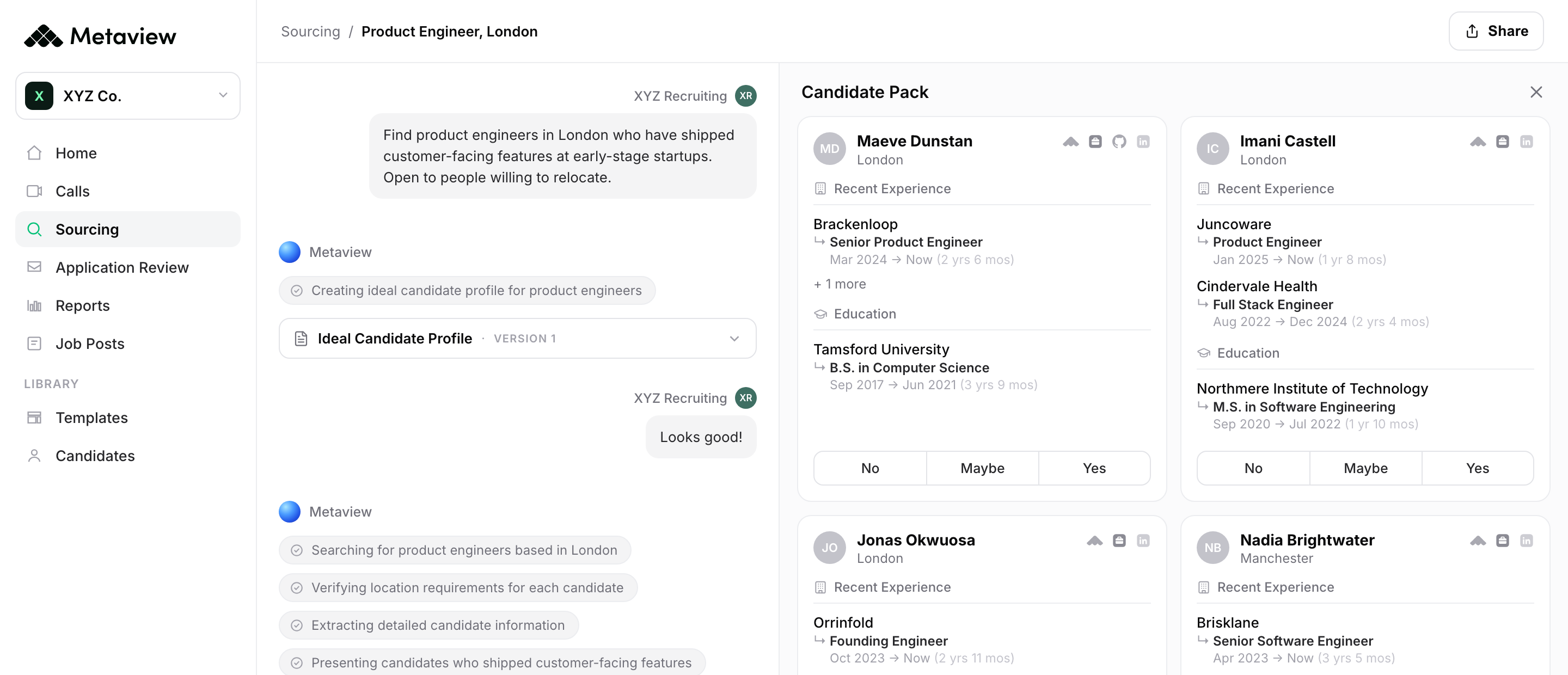 Metaview AI Sourcing search for product engineers in London, with a recruiter’s plain-language brief and the agent’s progress steps on the left and a “Candidate Pack” of sample profiles on the right, the top two showing “No,” “Maybe,” and “Yes” buttons