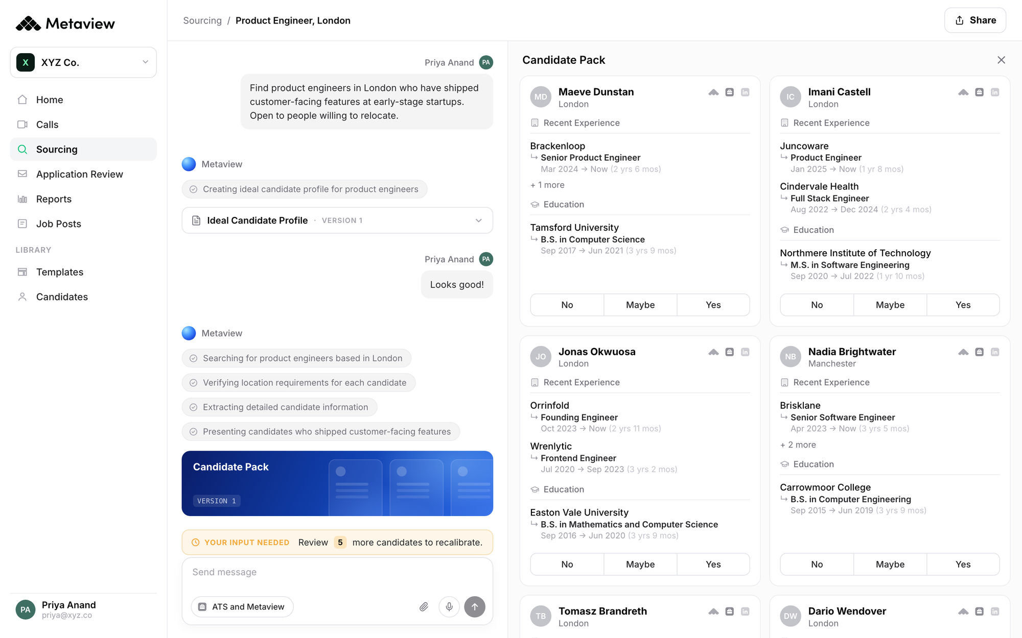 A Metaview sourcing search for product engineers in London, with the ATS and Metaview source selected and a Candidate Pack of results on the right