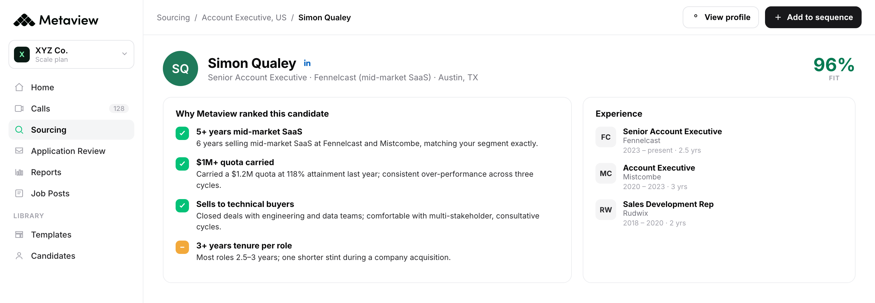 A Metaview Sourcing candidate view, with the reasoning for the match listed beside the candidate’s work history