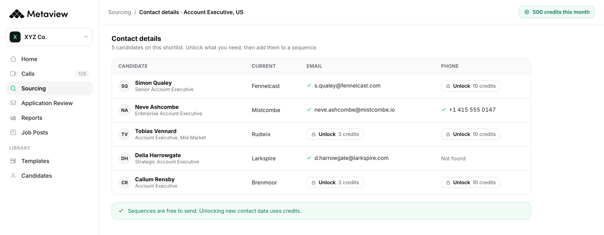 Metaview Sourcing contact details, showing which shortlisted candidates already have an email or phone on file and which still cost credits
