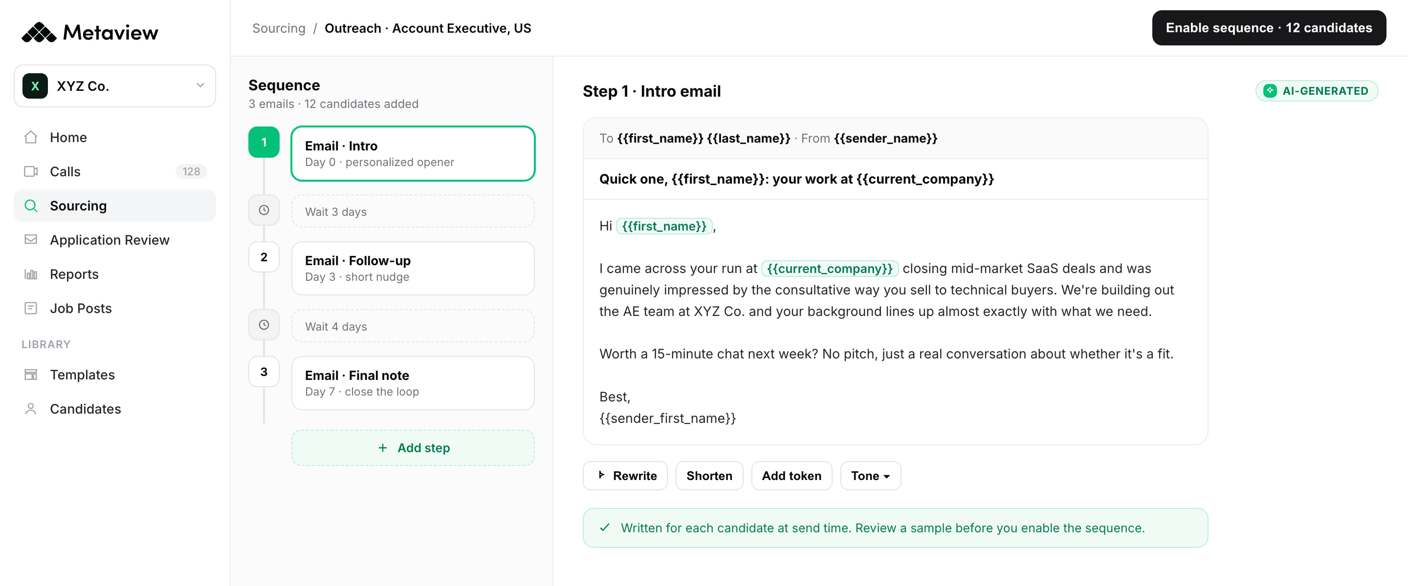 A candidate sequence in a demo workspace, with its email steps listed on the left and the first email’s draft open on the right
