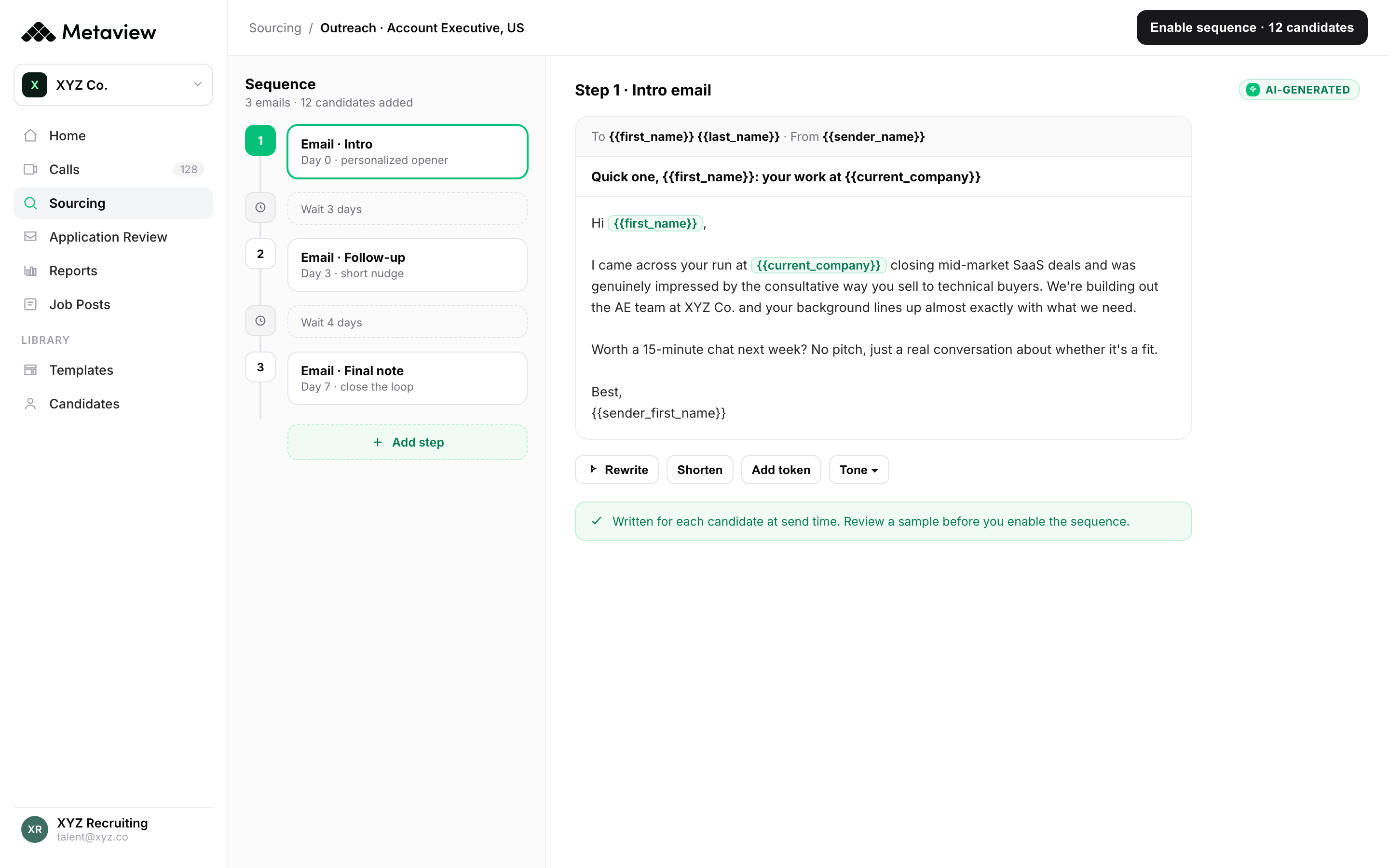 Metaview Outreach sequence builder with three email steps and an intro email personalized for the candidate