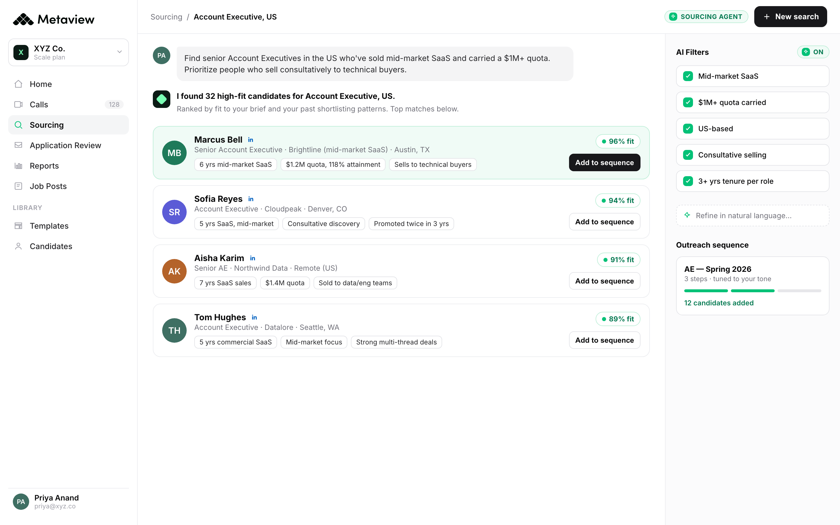 A Metaview Sourcing search for an Account Executive role: the recruiter’s brief at the top, four candidate profiles each with a fit percentage and an “Add to sequence” button, the search filters in a side panel, and an outreach sequence panel