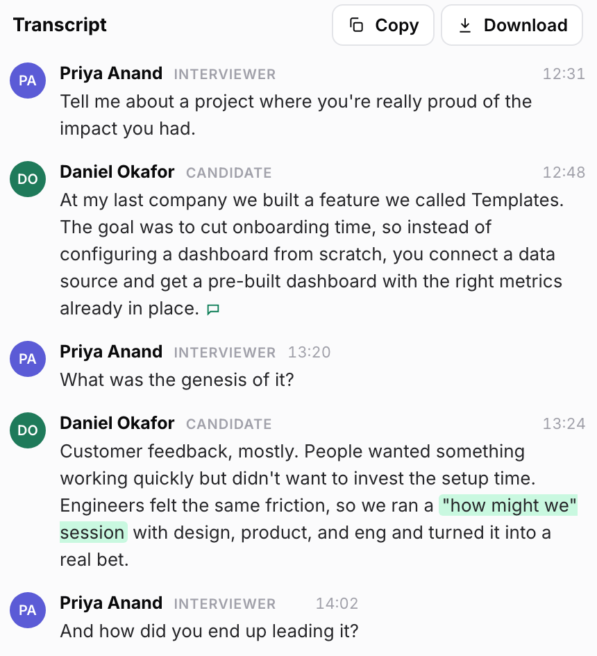 A Metaview interview transcript with each turn labeled by the speaker’s name, an interviewer or candidate role, and a timestamp
