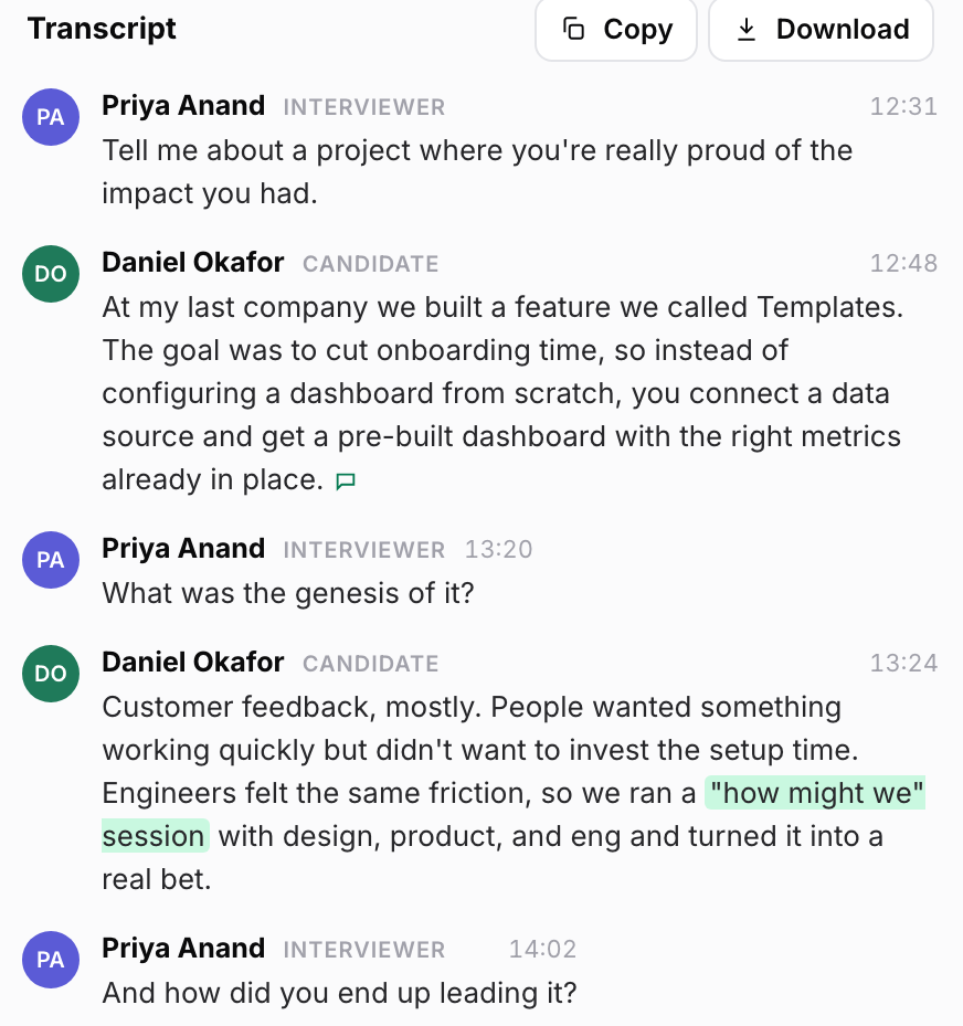 A Metaview interview transcript with each turn labeled by speaker name, interviewer or candidate role, and timestamp