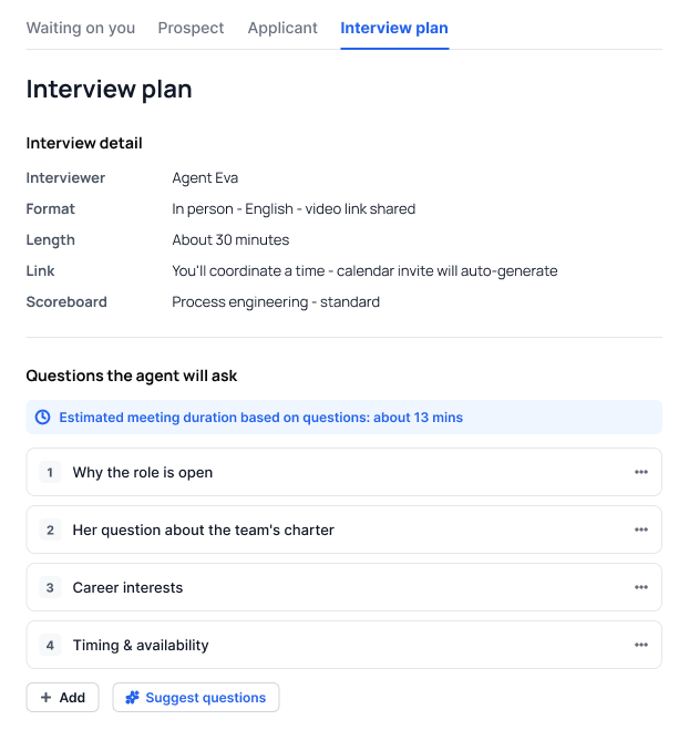 hireEZ’s interview plan panel drafted by EZ Agent, listing the interviewer, format, length, and four questions the agent will ask.