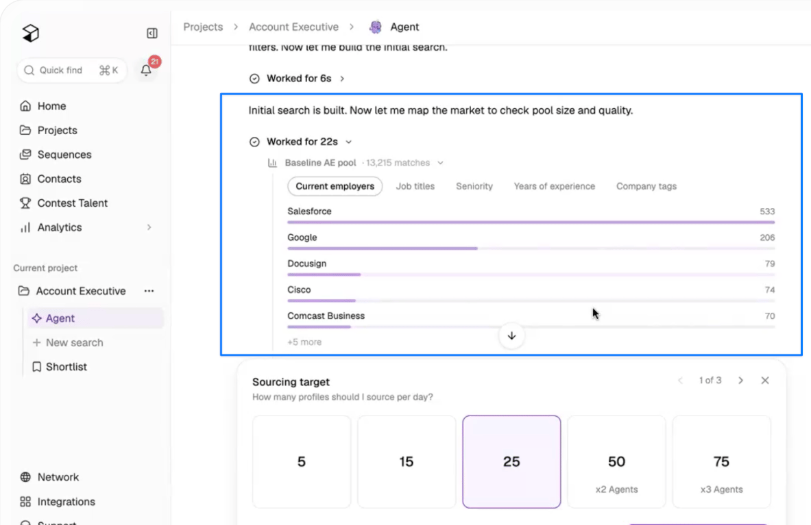 A Juicebox Agent’s workspace for an “Account Executive” role, showing the talent pool broken down by current employer and a choice of how many profiles to source per day.