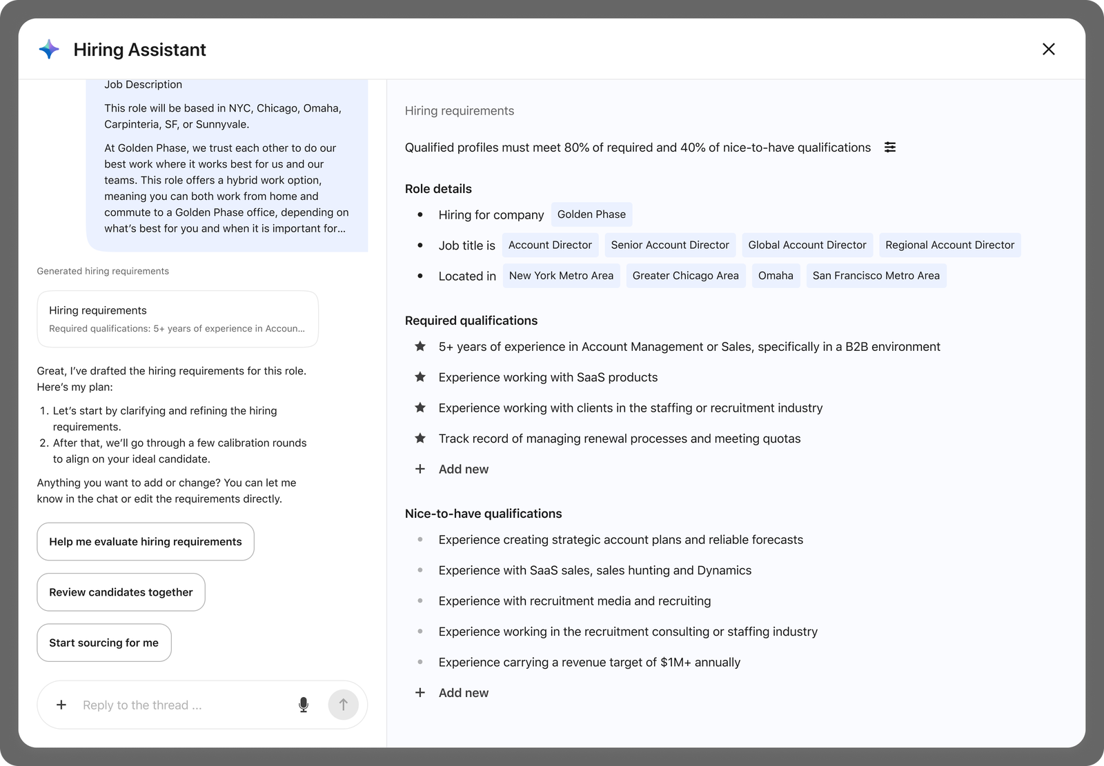 LinkedIn Hiring Assistant’s window with the chat on the left and the hiring requirements it drafted on the right, listing role details and required and nice-to-have qualifications.
