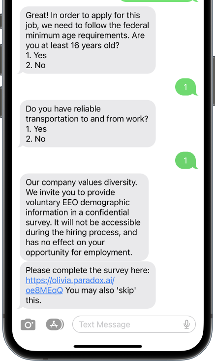 A text message conversation in which Paradox’s assistant asks a candidate two screening questions, then invites them to a voluntary survey by link.
