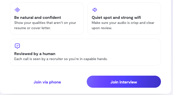 Ribbon’s pre-call tips for candidates, including “Reviewed by a human,” above the “Join via phone” and “Join interview” buttons.
