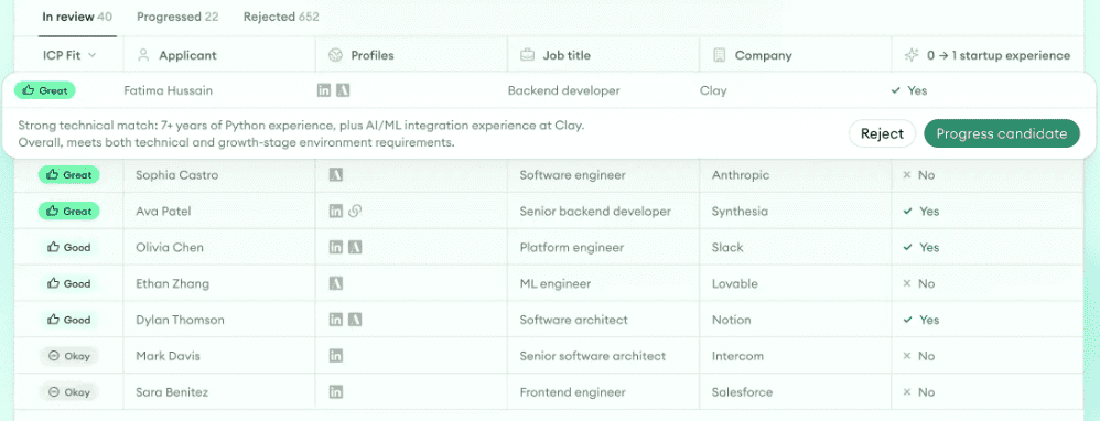 Metaview Application Review’s “In review” tab, showing applicants in fit groups and one row expanded to show the reasoning for that candidate beside buttons to reject or progress them.
