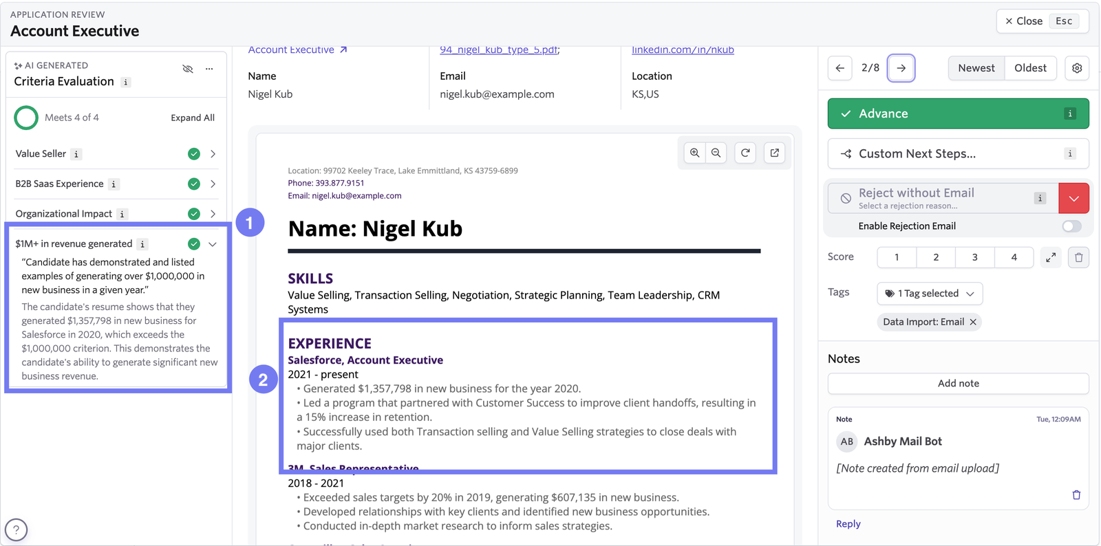 Ashby’s bulk application review screen for an Account Executive role, with an AI-generated criteria evaluation showing every criterion met, one criterion’s reasoning expanded, and the matching resume lines highlighted beside advance and reject controls.