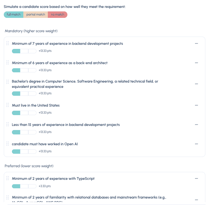 Brainner’s job requirements editor for a back-end tech lead role, with mandatory requirements carrying a higher score weight than preferred ones and a legend for full, partial, and no match.