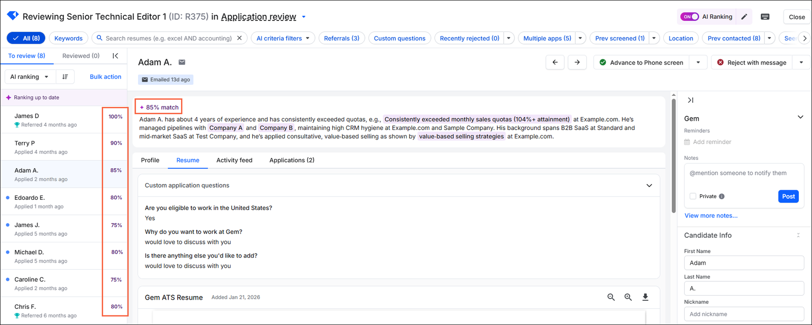 Gem’s AI App Review screen for a Senior Technical Editor job with AI Ranking switched on, applicants listed by match percentage, and one applicant’s AI summary with highlighted evidence beside advance and reject buttons.