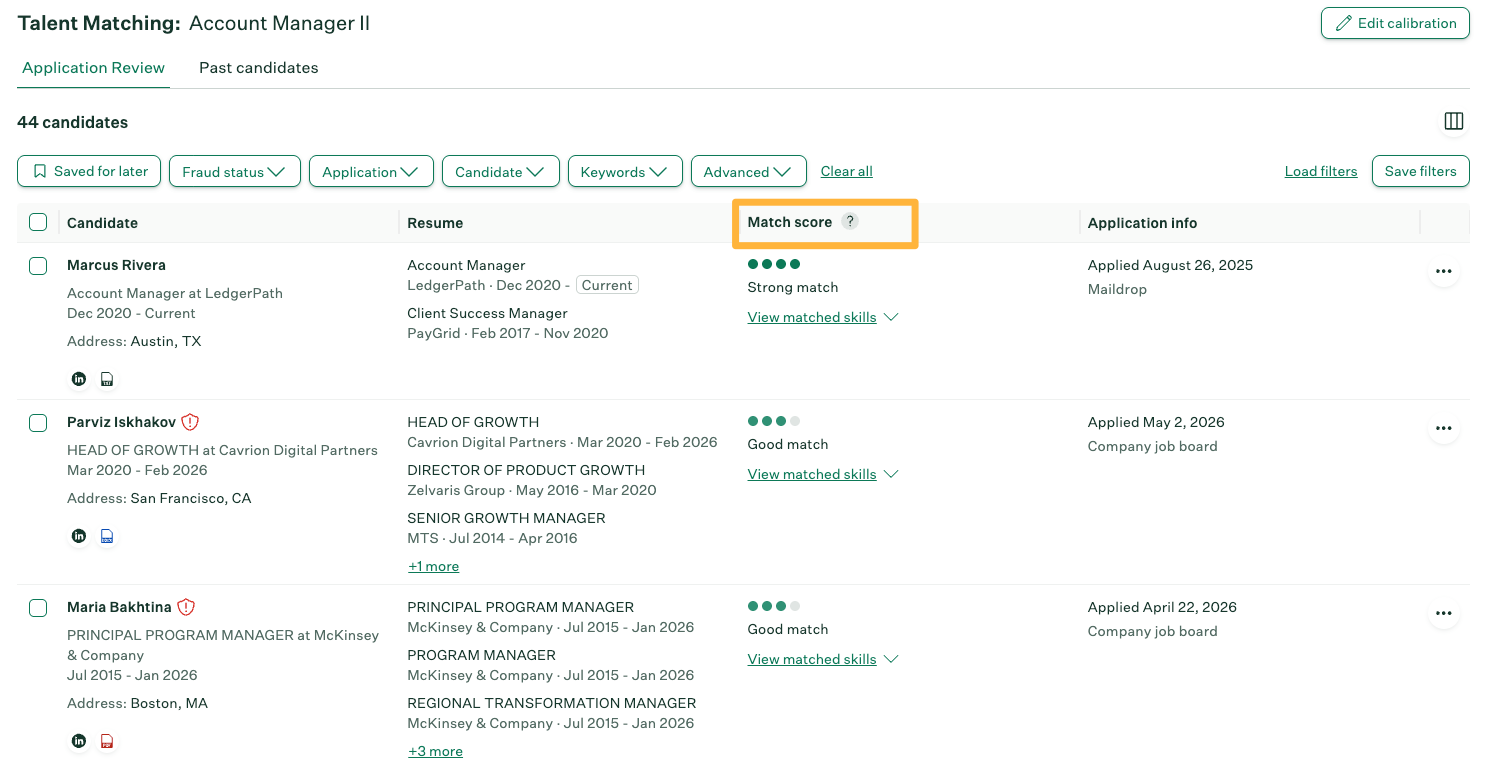 Greenhouse’s Talent Matching table for an Account Manager II job, showing a strong or good match for each candidate beside filters for fraud status and keywords.
