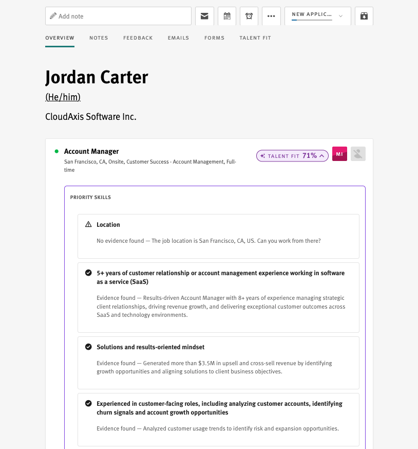 A Lever candidate profile showing a Talent Fit percentage and a list of priority skills, each marked “Evidence found” or “Evidence not found” with a short explanation.