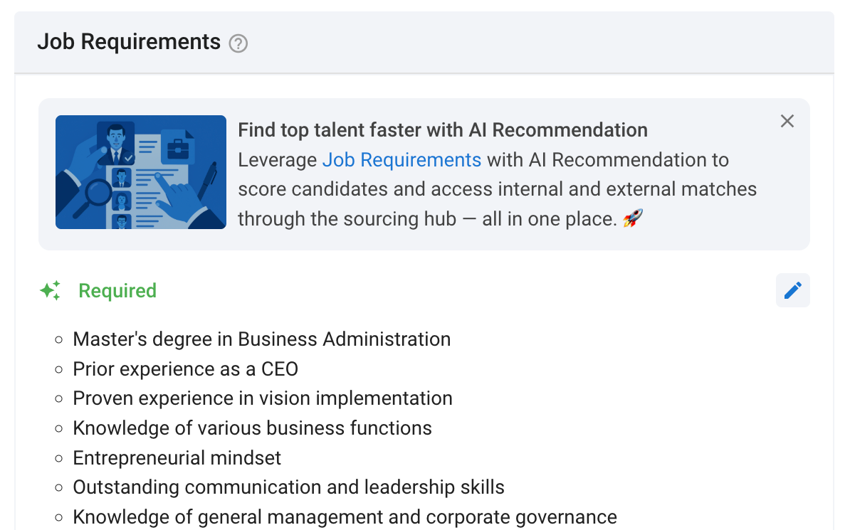 Manatal’s Job Requirements panel with an AI Recommendation banner and a list of required criteria extracted from a chief executive officer job description.