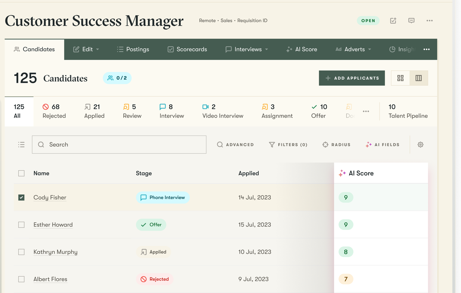 Pinpoint’s candidate list for a Customer Success Manager job, with the “AI Score” column showing a score for each applicant beside their stage and application date.
