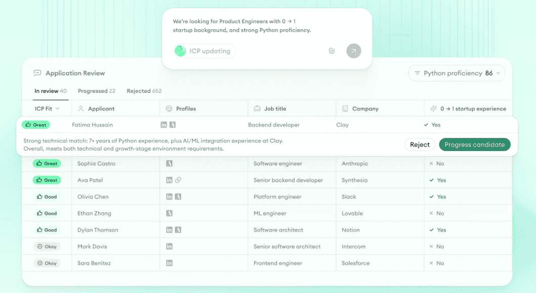 Application Review applicants rated Great, Good, and Okay, with one expanded to show the reasoning behind the rating