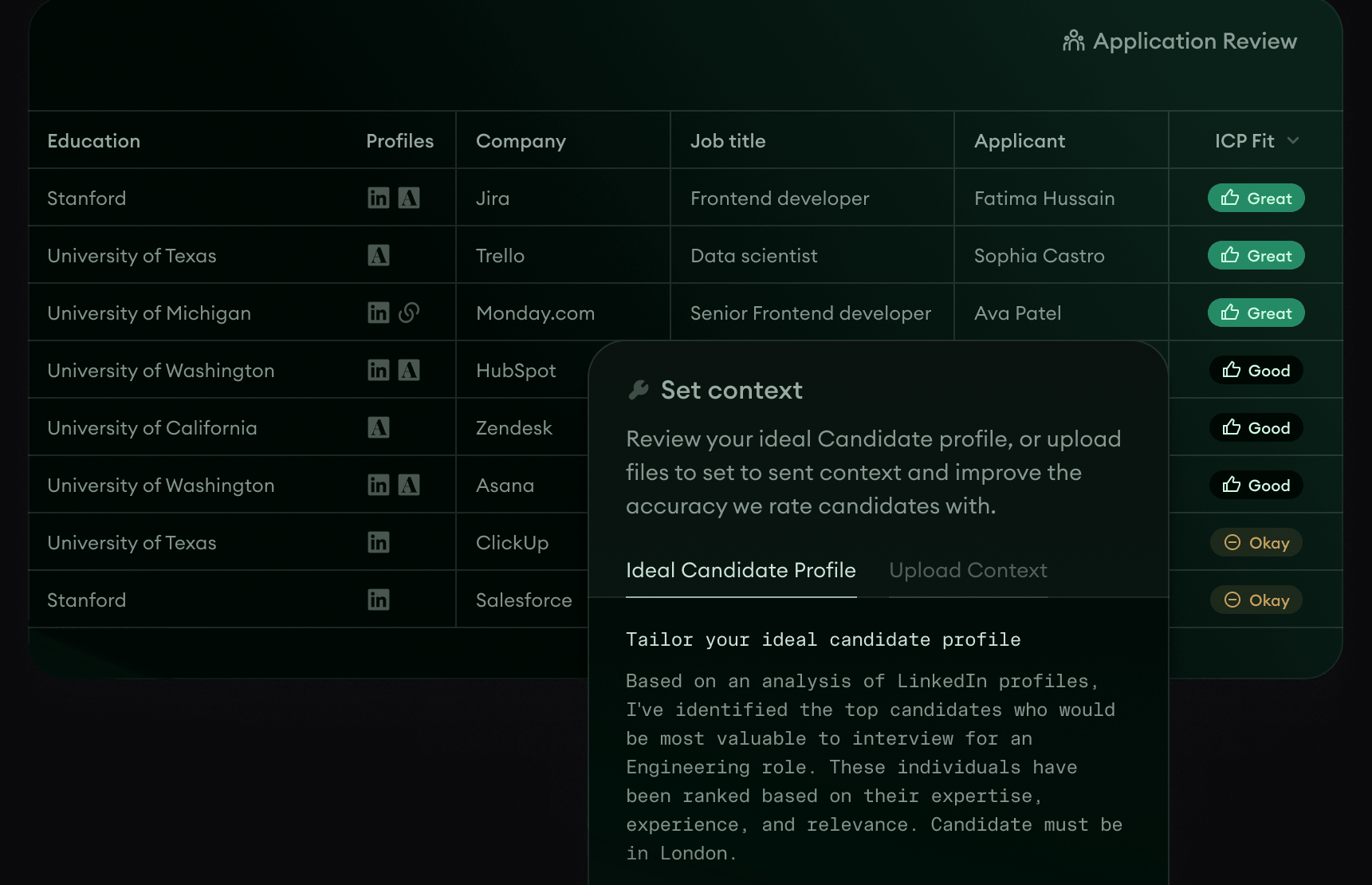 Application Review applicants sorted by fit, with the role’s Ideal Candidate Profile open beside them
