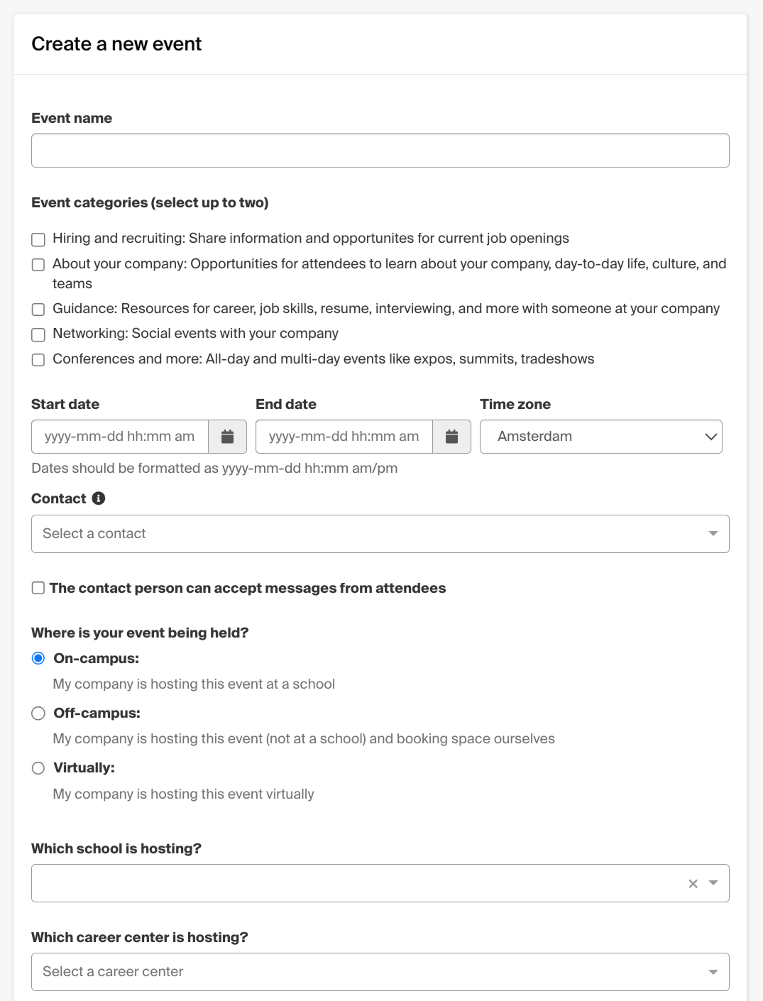 Handshake’s “Create a new event” form with “On-campus” chosen as the event’s location, above the fields for the host school and career center.