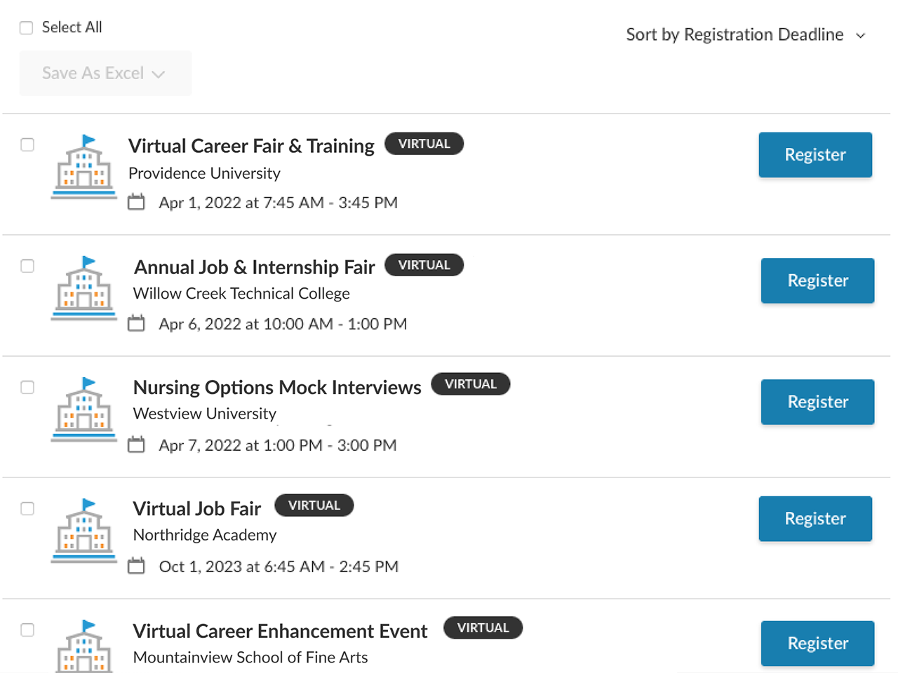 Symplicity Recruit’s list of campus events at several schools, including virtual career fairs and mock interviews, each with a “Register” button.