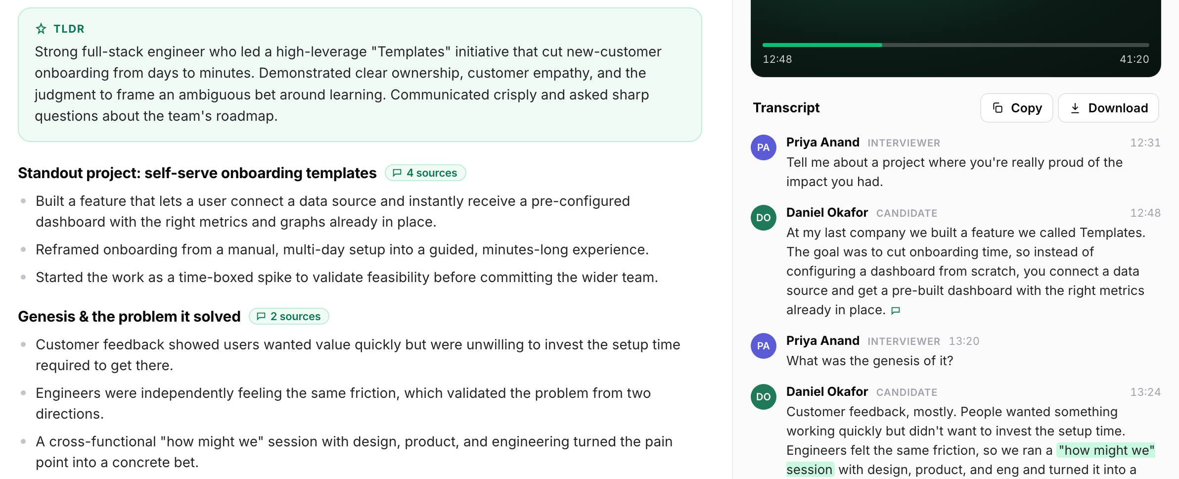 Structured interview notes with a summary and topic sections on the left, and the interview transcript with timestamps on the right
