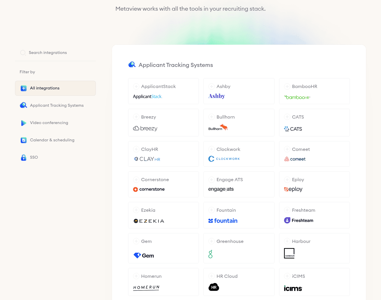 Metaview integrations page listing applicant tracking systems, with filters for video conferencing, calendar and scheduling, and single sign-on
