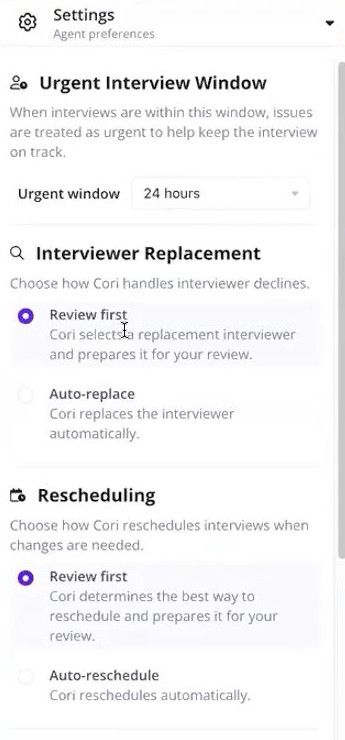 GoodTime’s Cori settings panel, with options for an urgent interview window, interviewer replacement, and rescheduling, each set to review first or to act automatically.