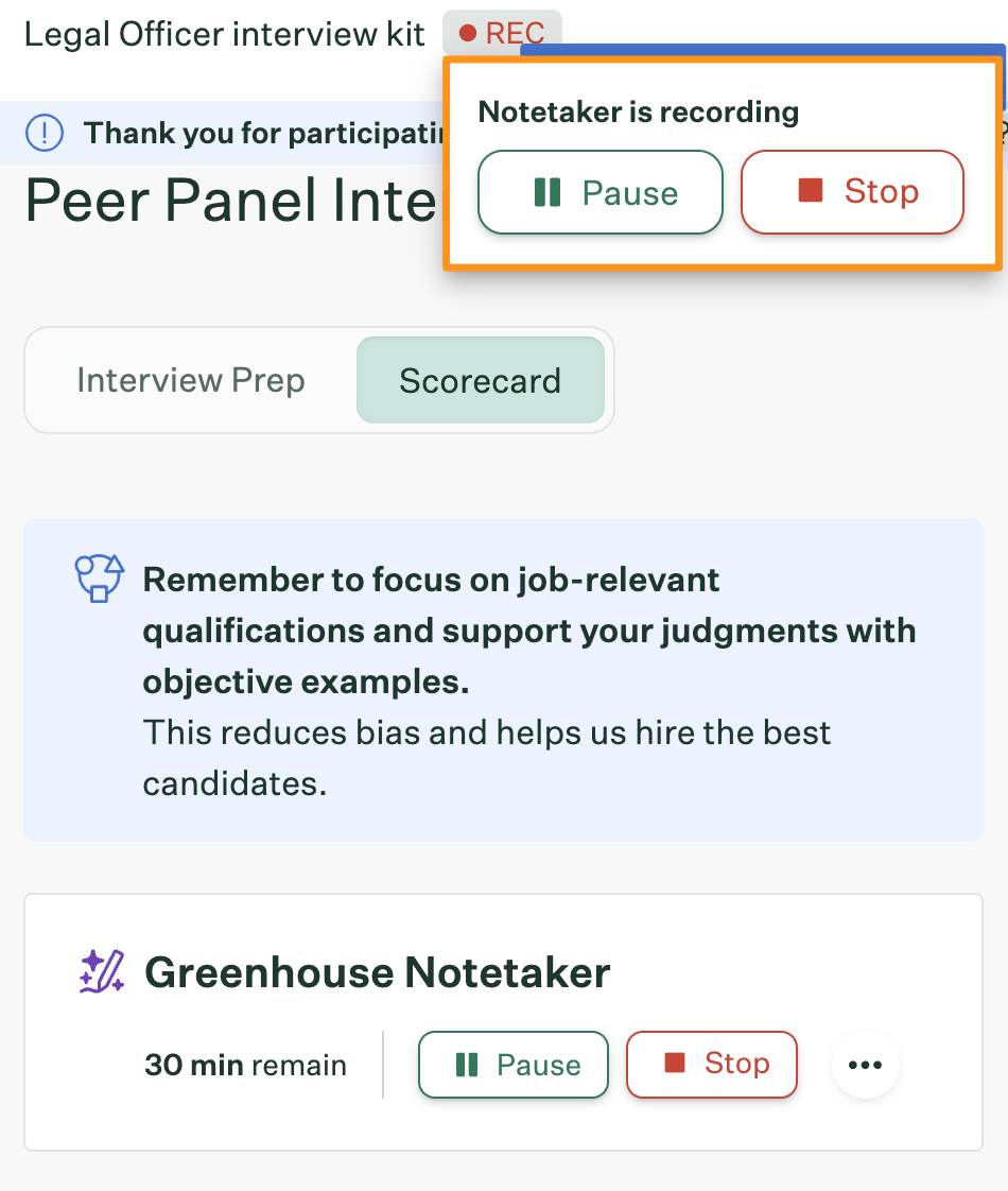 A Greenhouse interview kit during an interview, with Greenhouse Notetaker recording and pause and stop controls beside the scorecard tab.