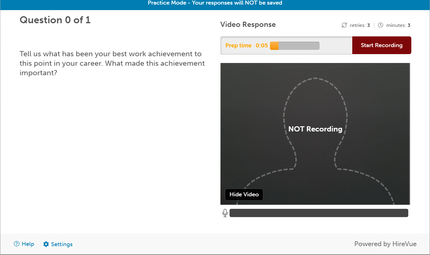 HireVue’s on-demand interview screen for a candidate, with a practice question, prep time, retries, and a start recording button.