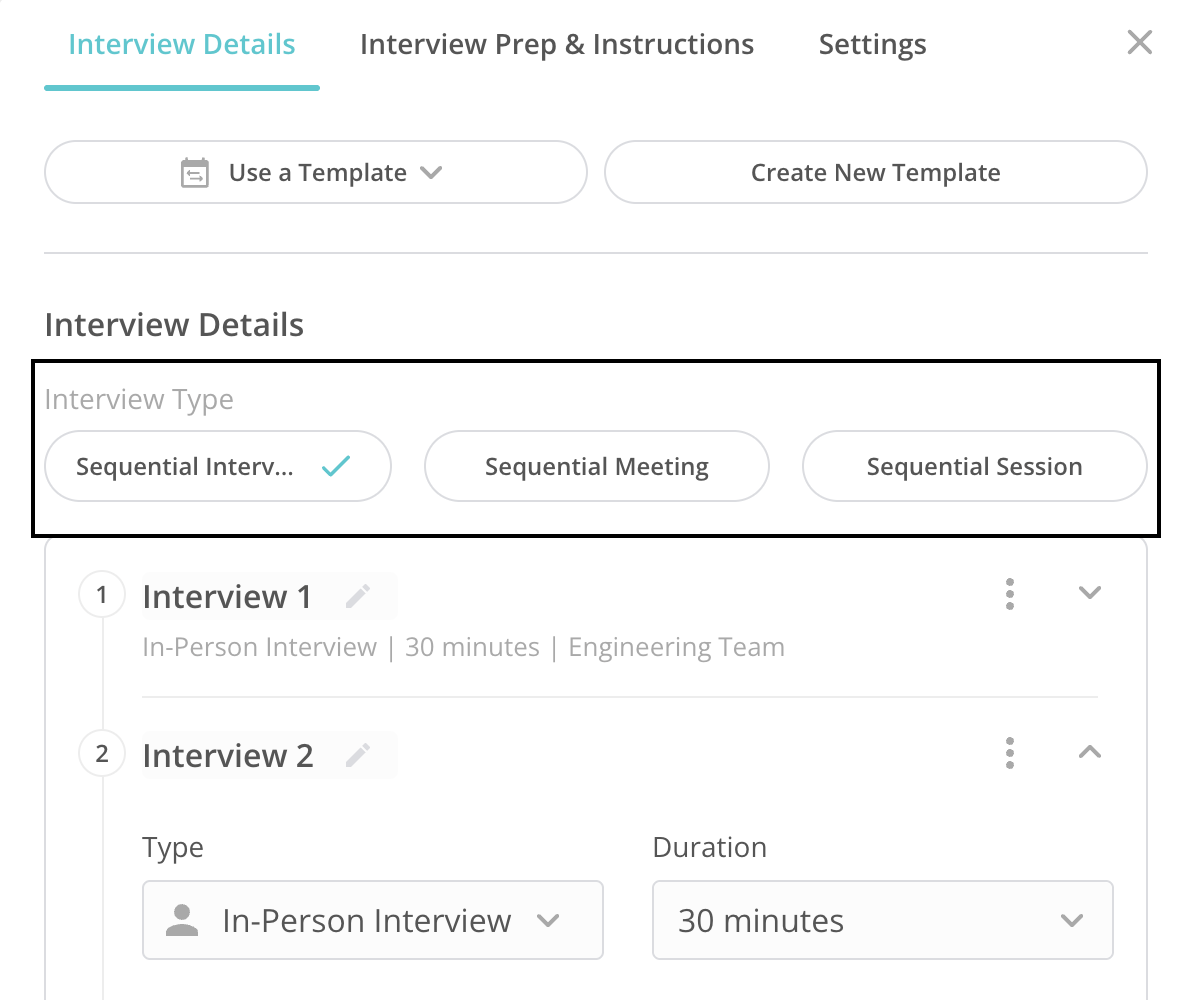 Paradox’s schedule an interview panel, with sequential interview types, two 30-minute in-person interviews, and template options.