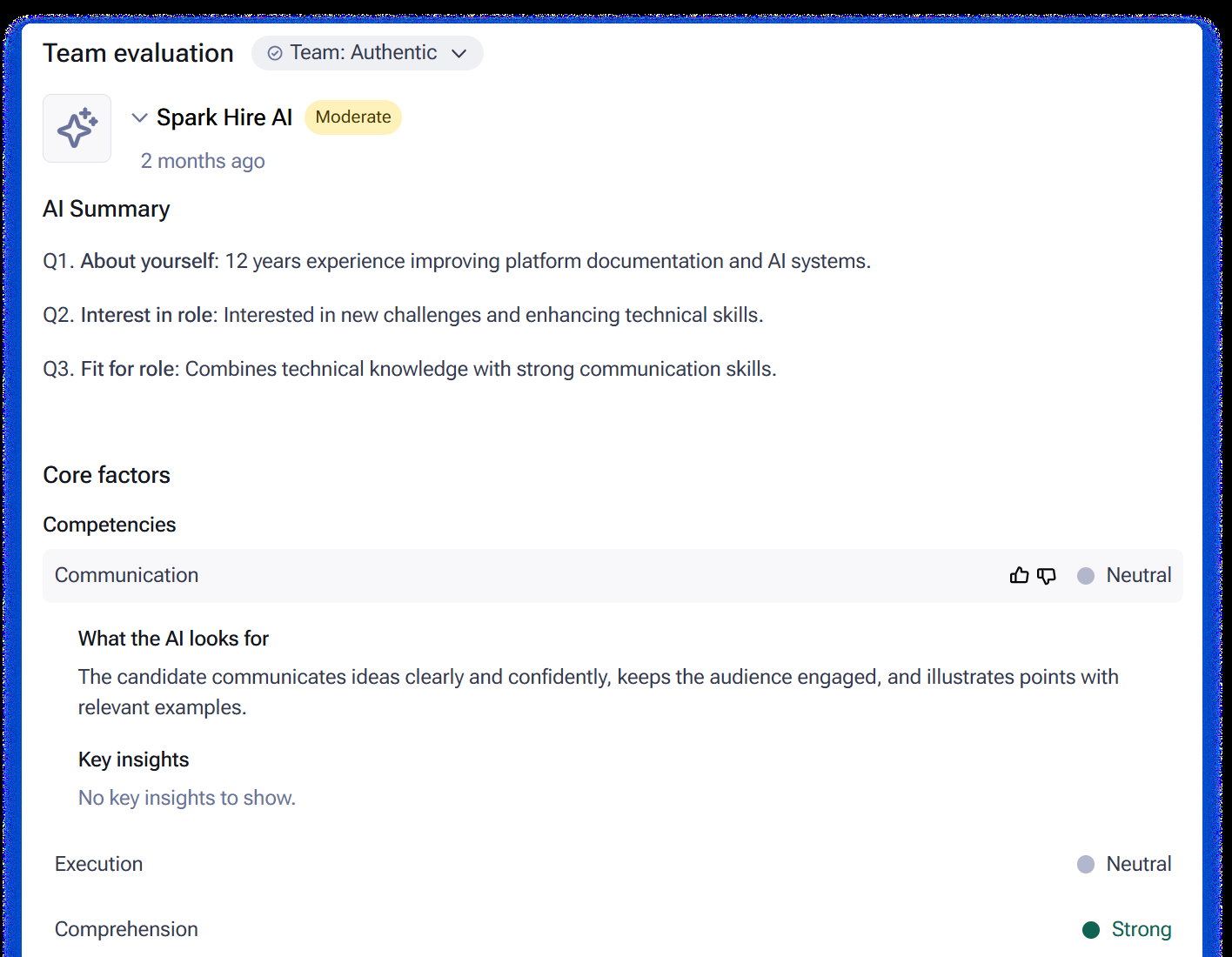 Spark Hire’s team evaluation panel, with an AI summary of three answers and ratings for core factors such as communication and comprehension.
