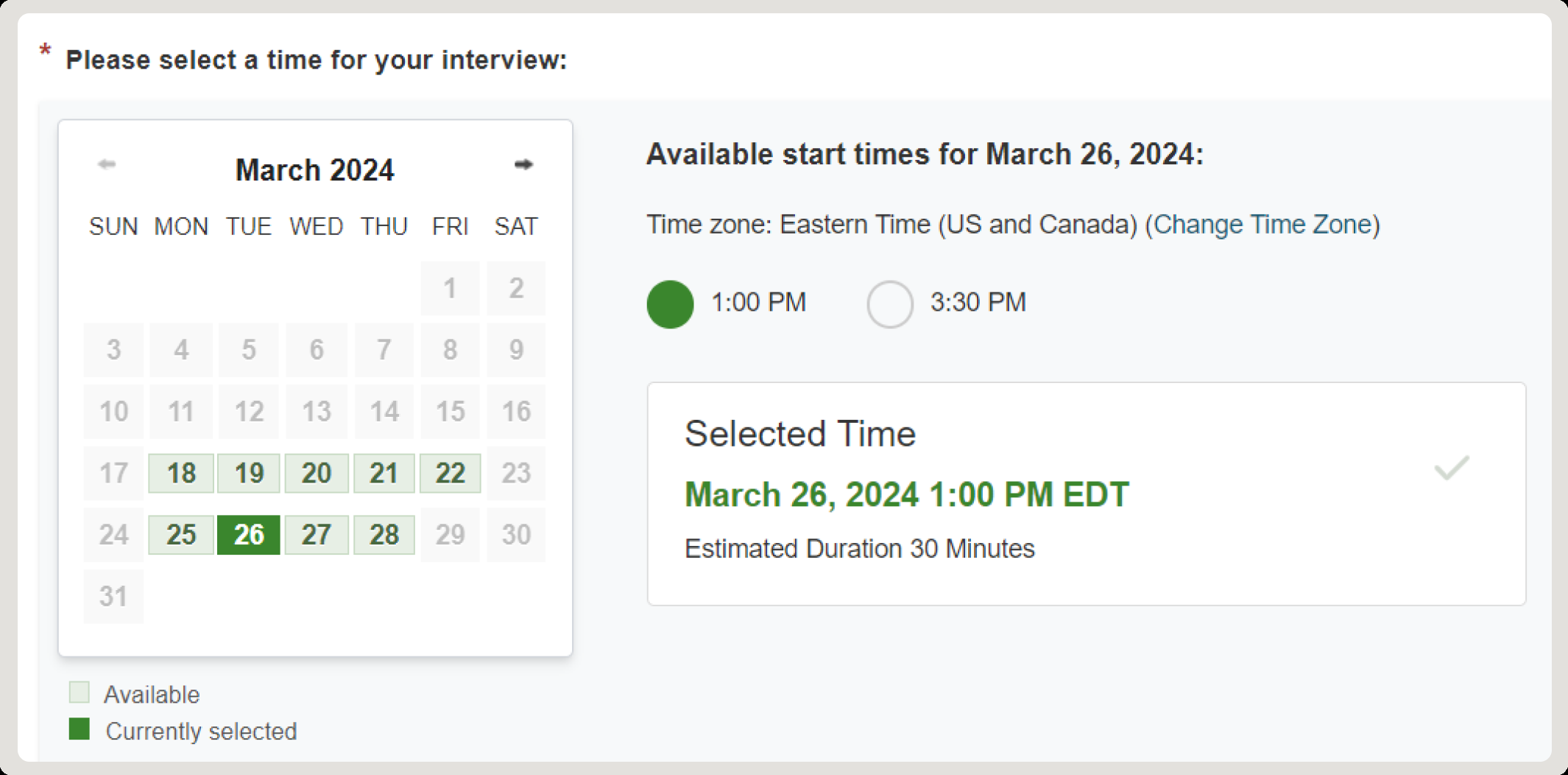 VidCruiter’s candidate scheduling page, with a calendar of available days, start times, the time zone, and the selected interview time.