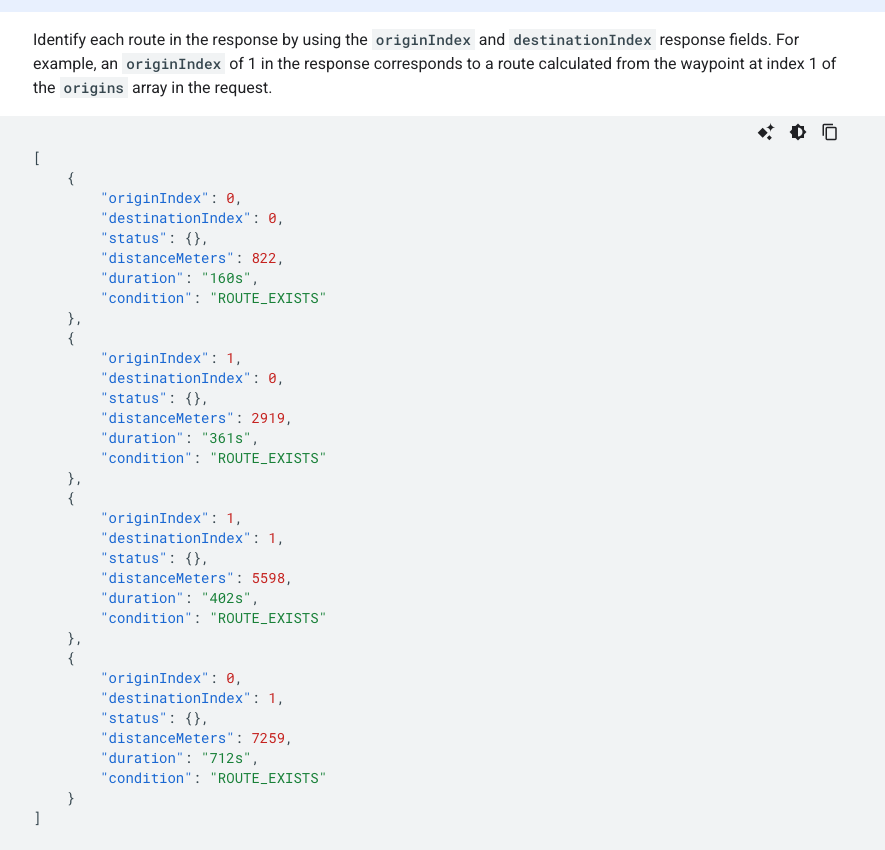 Google Routes API example response listing four routes, each with an origin index, a destination index, a distance in meters, and a duration