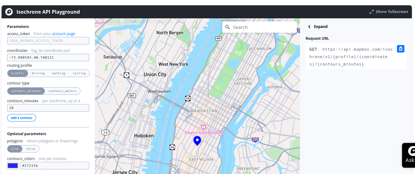 Mapbox Isochrone API playground with routing profile and contour settings beside a map of Manhattan with a marker placed